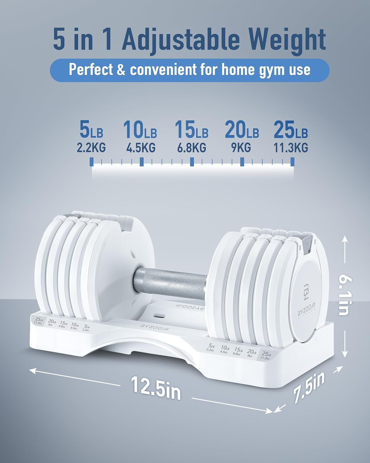 Adjustable Dumbbell - 12.5/25 lbs Single Unit or Set of 2 - 5-in-1 Adjustable Weights for Home Gym and Strength Training, Available in White or Black
