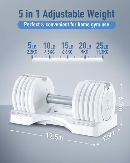 Adjustable Dumbbell - 12.5/25 lbs Single Unit or Set of 2 - 5-in-1 Adjustable Weights for Home Gym and Strength Training, Available in White or Black